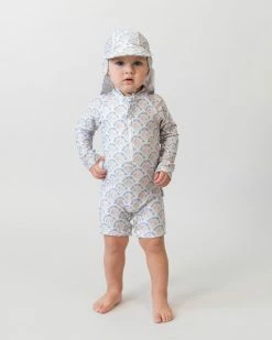 Coupon 🧨 Bare and Boho Protective Swimwear Onesie & Flap Hat Set - Babies Scallops ⭐