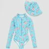Buy ❤️ Bluesalt Beachwear Holiday Girl - Long Sleeve Surf 🩱 Swimsuit with Beach Hat - Kids Aqua And White Gingham 🎉