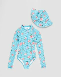 Buy ❤️ Bluesalt Beachwear Holiday Girl - Long Sleeve Surf 🩱 Swimsuit with Beach Hat - Kids Aqua And White Gingham 🎉