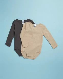 Coupon 🥰 Bonds Baby Wondercool Eyelet Long Sleeve Bodysuit 2 Pack - Babies Stepping Stone & Iso Grey 🥰