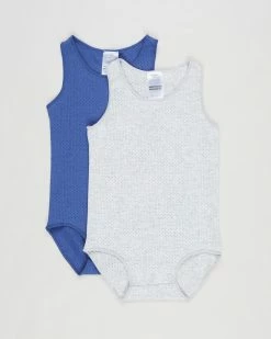 Brand new 🧨 Bonds Baby Wondercool Eyelet Singlesuit 2-Pack - Babies Seascape & New Grey Marle 🔔
