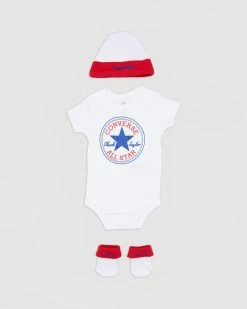 New 🔥 Converse Classic 3-Piece Infant Hat, Bodysuit & Bootie Set - Babies R4F White & Red 🔥