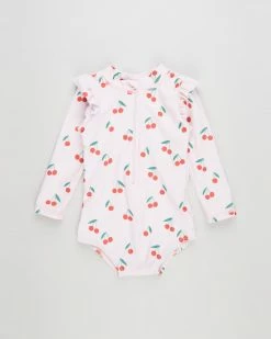 Discount ⌛ Cotton On Baby Nicky Long Sleeve Ruffle 🩱 Swimsuit - Babies Crystal Pink & Red Orange Cheryl Cherries ❤️
