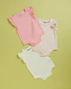 Best Pirce 🛒 Cotton On Baby Sleeveless Ruffle Bubbysuits 3-Pack - Babies Vanilla, Cali Pink & Crystal Pink 💯