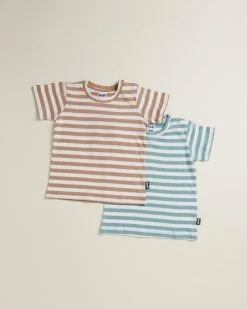 Flash Sale 👍 Cotton On Baby 2-Pack Jamie Short Sleeve Tee - Babies Hannah Stripe Taupy Brown & Rusty Aqua 💯