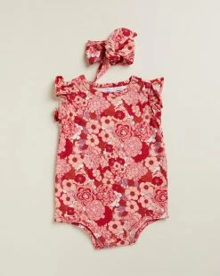 Deals ✔️ Cotton On Baby Sleeveless Ruffle Bubbysuit & Tie Headband Bundle - Babies Vanilla & Lucky Red New York Floral ⌛