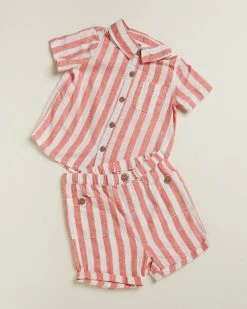 Cheap 🌟 Cotton On Baby Leonard 👚 Shirt & Carl Shorts Bundle - Babies Red Orange & Vanilla Robbo Stripe 👏