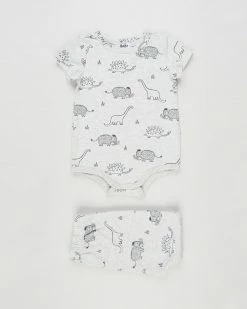 New 🛒 Cotton On Baby Short Sleeve Bubbysuit & Leggings Bundle - Babies Cloud Marle & Graphite Dino Mammoth 🛒