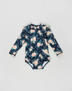 Outlet 👏 Cotton On Baby Nicky Long Sleeve Ruffle 🩱 Swimsuit - Babies Indigo & Retro Coral Whitby Floral 💯