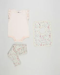 Best Pirce 💯 Cotton On Baby Sleeveless Bubbysuit, Leggings and Square Bib Bundle - Babies Crystal Pink & Dark Vanilla Maude Floral 🥰