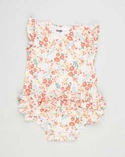 Best Pirce 🥰 Cotton On Baby Alice Ruffle Bubbysuit - Babies Vanilla & Red Orange Lulu Floral 🤩