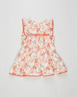 Wholesale ✨ Cotton On Kids Tess Flutter Sleeve Ric Rac 👗 Dress - Babies Vanilla & Red Orange Lulu Floral ✨