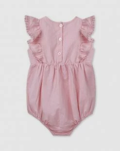 Best deal ✨ Designer Kidz Olivia S/S Linen Ruffle Romper Rose Pink 😍