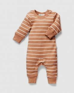 Hot Sale 🎉 Little Green & Co Stripe Rib Footless Onesie - Babies Tan Stripe 😉