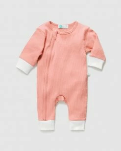 Best Pirce 🎉 Little Green & Co Footless Rib Zip Onesie - Babies Peach ❤️