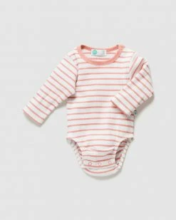 Discount 😉 Little Green & Co Rib Long Sleeve Bodysuit - Babies Peach Stripe 😉