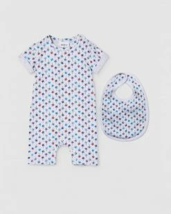Best Pirce 🔥 Milky Retro Palms Romper & Bib Set - Babies Silver Marle 😀