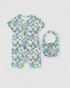Best Sale 🧨 Milky Bamboo Tiger Romper & Bib - Babies Light Blue 👏