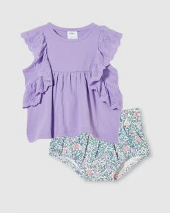 Discount 🎉 Milky Broderie Frill Tee & Floral Bloomers Set - Babies Dusty Lilac 🛒