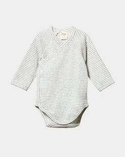 New 😍 Nature Baby Long Sleeve Kimono Bodysuit - Babies Grey Marle Stripe ⭐