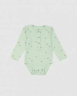 Wholesale 🎁 Olive & The Captain Birds Long Sleeve Rib Bodysuit - Babies Seafoam 😉