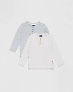 Wholesale 👏 Pappe 2-Pack Croft Henley LS T-Shirt - Babies-Kids Grey & Elderberry Stripe 😍