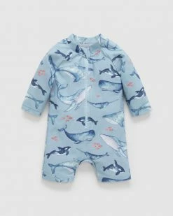 Deals 😀 Purebaby Printed LS Sunsuit - Babies-Kids Whale Pod Print 🎉