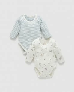 Discount ✔️ Purebaby 2-Pack Easy Neck LS Bodysuit - Babies Eucalyptus Pack 💯