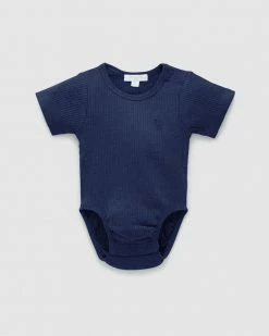 Promo ✔️ Purebaby Rib Short Sleeve Bodysuit - Babies Winter Navy 👏
