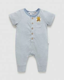 Budget 😉 Purebaby Short Sleeve Henley Growsuit - Babies Dusty Blue Mini Stripe 🌟