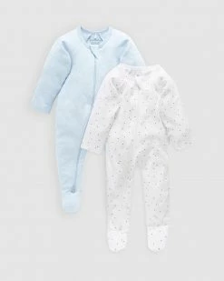 Budget ✨ Purebaby 2 Pack Zip Growsuit - Babies Pale Blue Spot & Soft Blue Melange ⭐