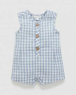 Best deal ⌛ Purebaby Gingham All-In-One - Babies DUSTY BLUE GINGHAM 👍