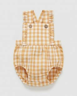 Budget 🧨 Purebaby Gingham Ruffle Romper - Babies Golden Gingham ⭐