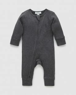 Cheapest 🔥 Purebaby Rib Zip Growsuit - Babies Charcoal Melange ❤️