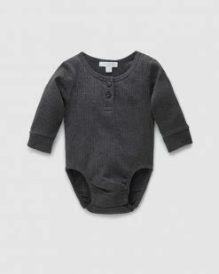 Hot Sale 😉 Purebaby Rib LS Henley Bodysuit - Babies Charcoal Melange 🧨