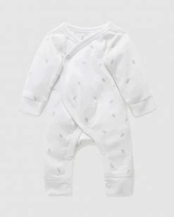 Best Sale 😉 Purebaby Premi Crossover LS Growsuit - Babies Pale Grey Leaf With Spot 😉