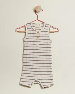 Hot Sale ✨ Wilson & Frenchy Organic Stripe Rib Boyleg Growsuit - Babies Hazelwood Ecru 💯