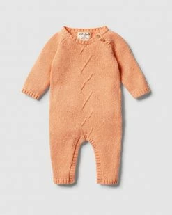 New ✨ Wilson & Frenchy Knitted Cable Ruffle Growsuit - Babies Apricot Fleck ⭐